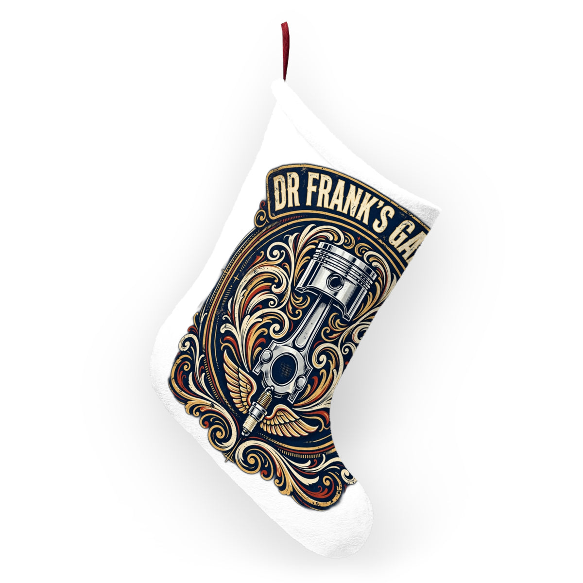 Winged Piston Christmas stocking with winged piston garage design, image 4