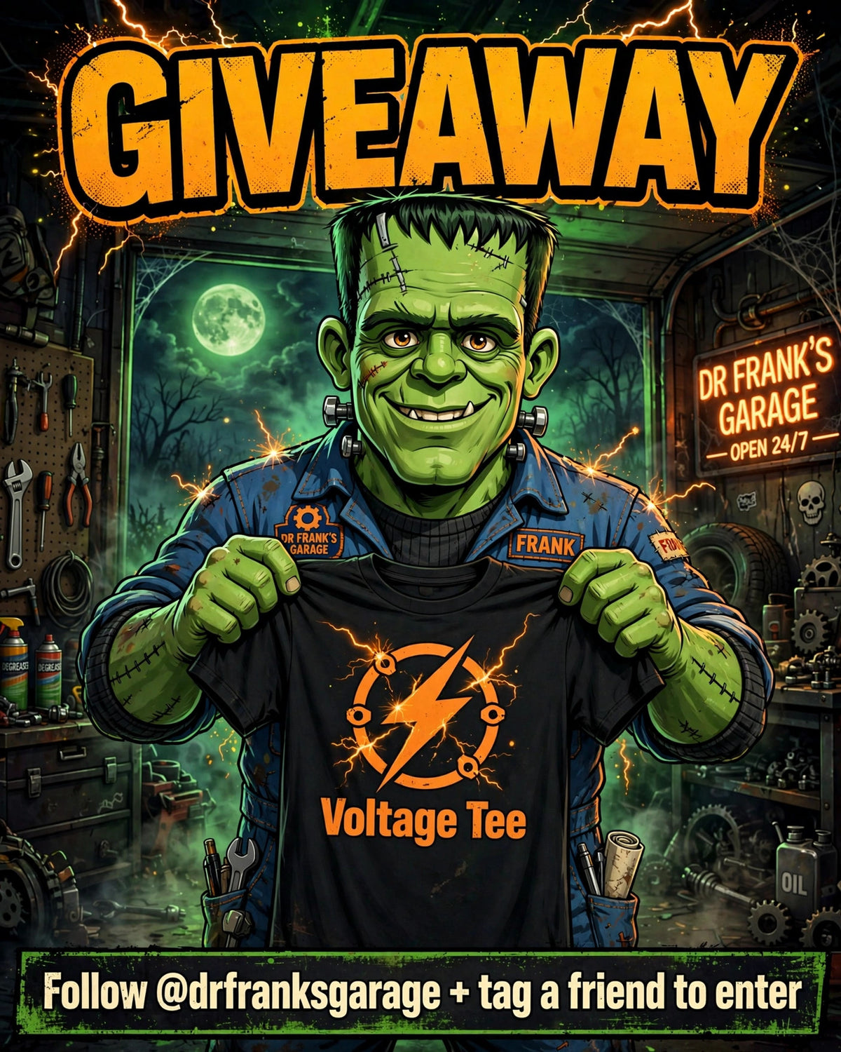 Voltage Tee — Frank modeling the black tee with the orange lightning-bolt Dr. Frank's Garage logo