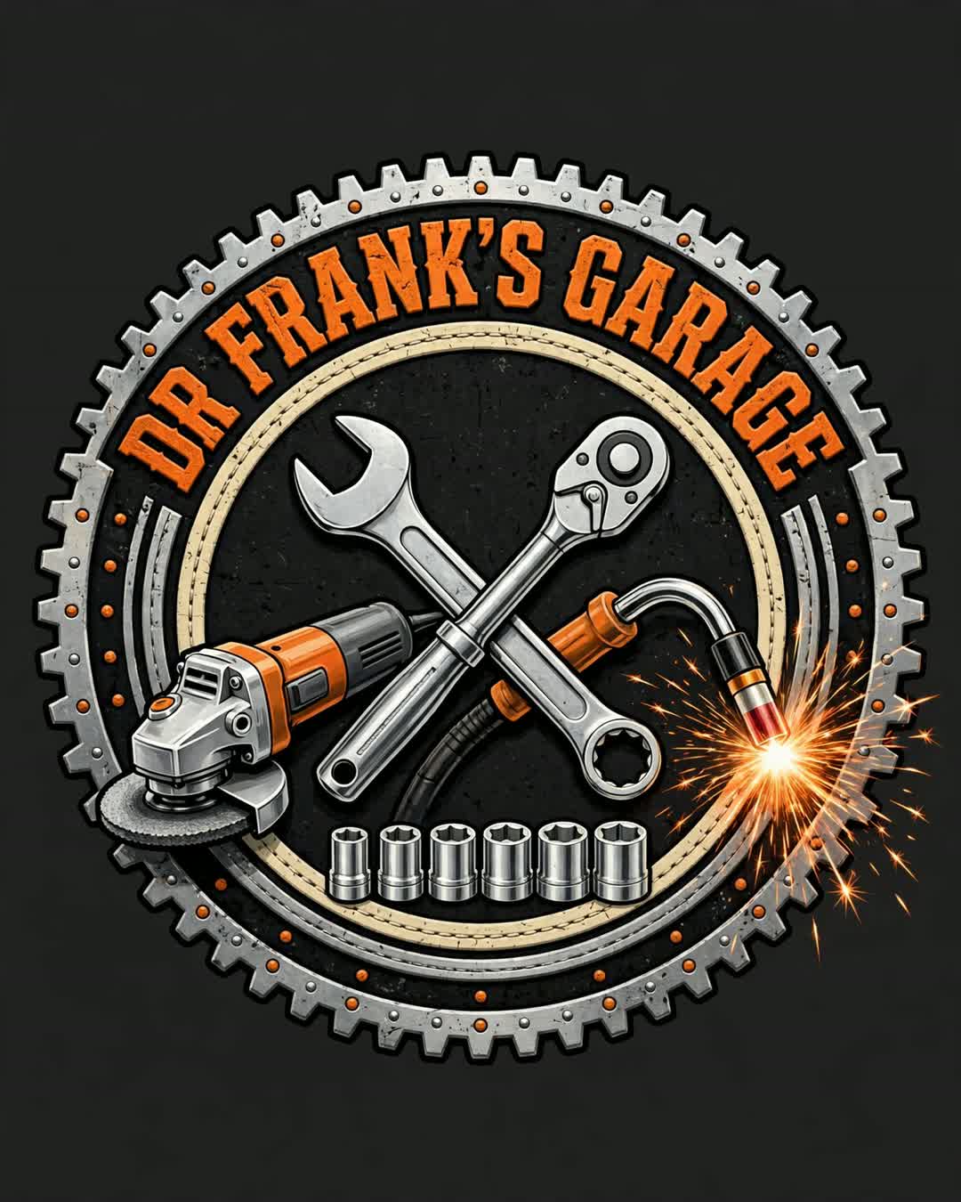Dr. Frank's Garage logo: crossed wrench and ratchet with an angle grinder and welding sparks inside an orange gear badge on charcoal