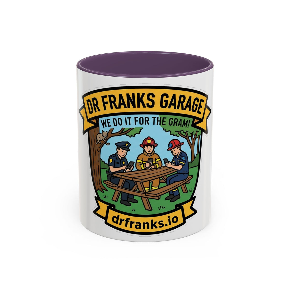 We Do It For The Gram ceramic mug with cop, firefighter and EMT