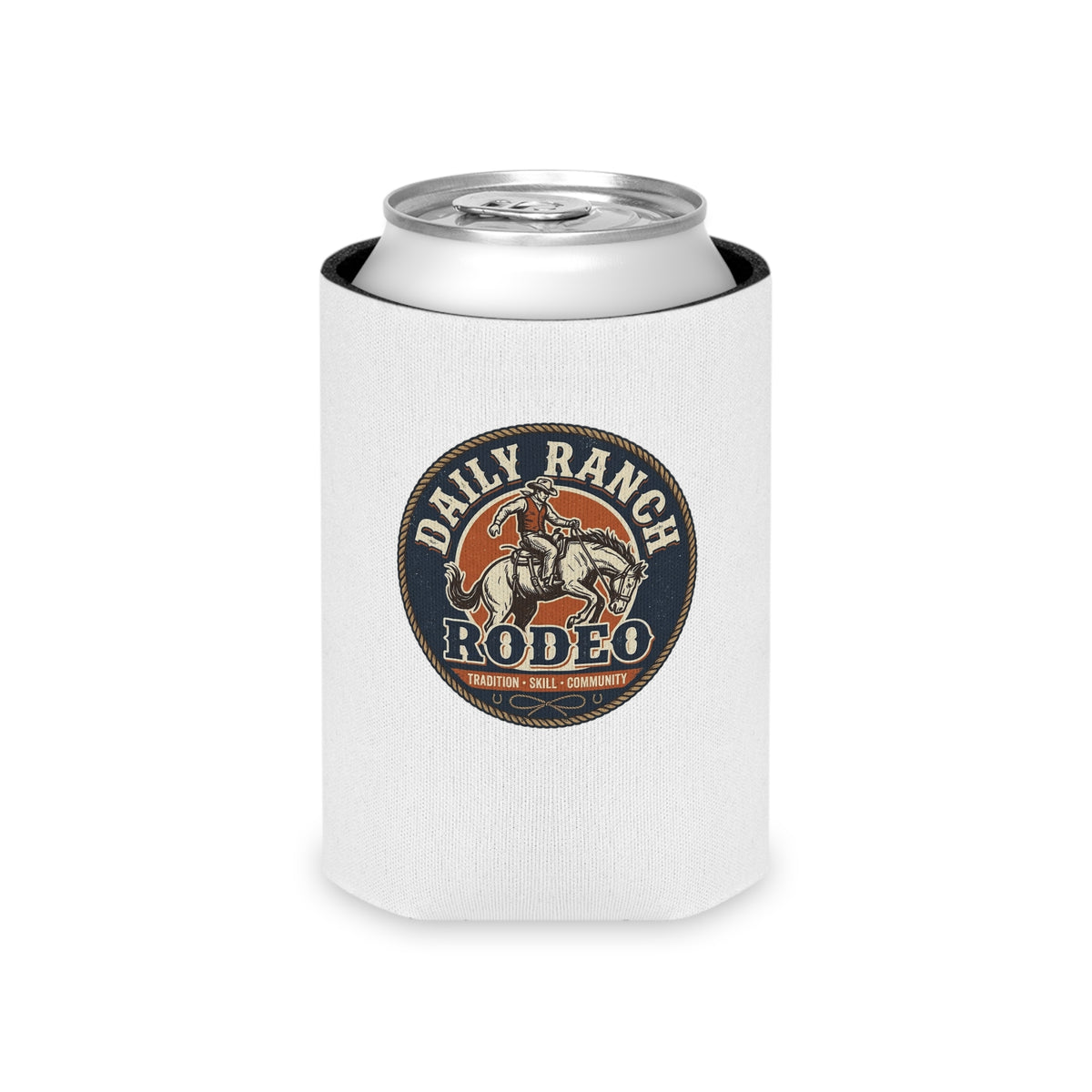 Daily Ranch Rodeo badge can cooler with bronc rider
