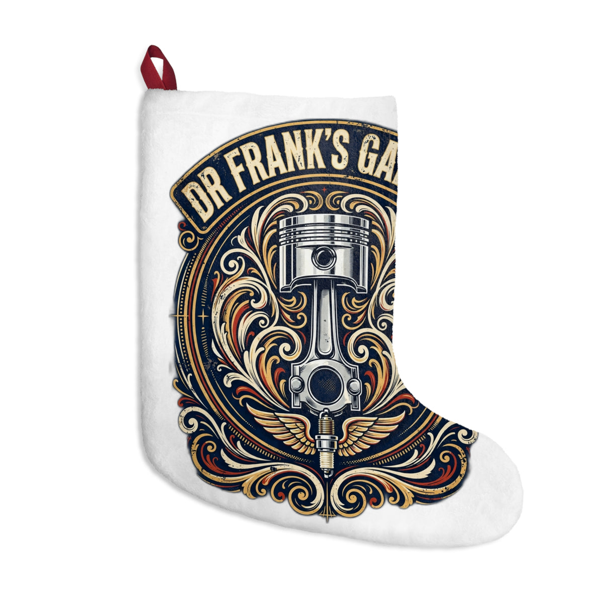 Winged Piston Christmas stocking with winged piston garage design, image 1