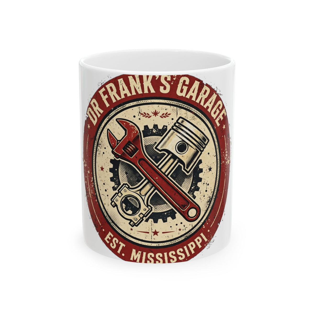 Vintage Badge Garage white ceramic mug, image 1