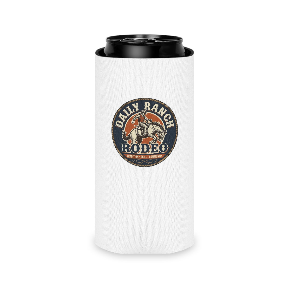 Daily Ranch Rodeo badge can cooler with bronc rider