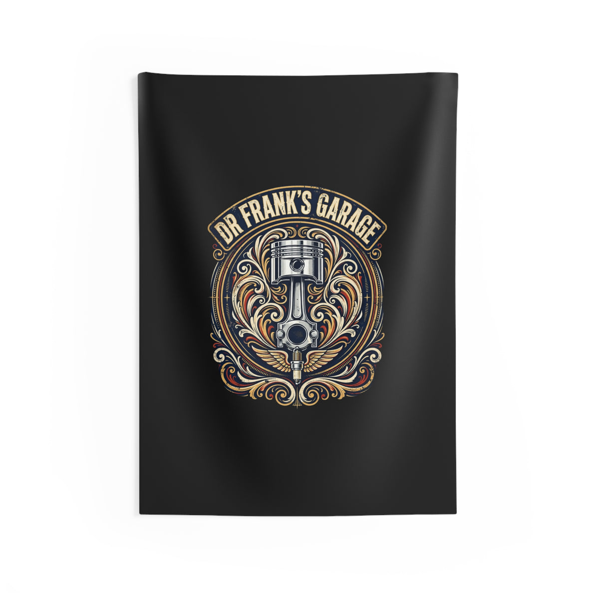 Dr. Frank's Garage Winged Piston black indoor wall tapestry
