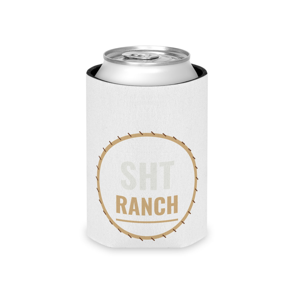 SHT Ranch rope brand can cooler, white with stitched rope circle