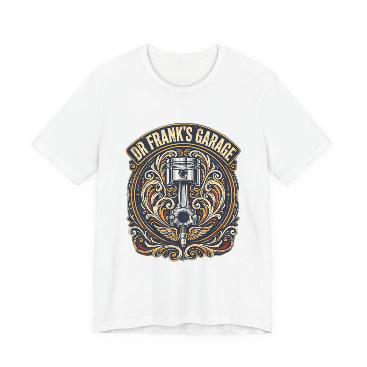 Winged Piston Tee in White – Garage Wear line by Dr. Frank's Garage