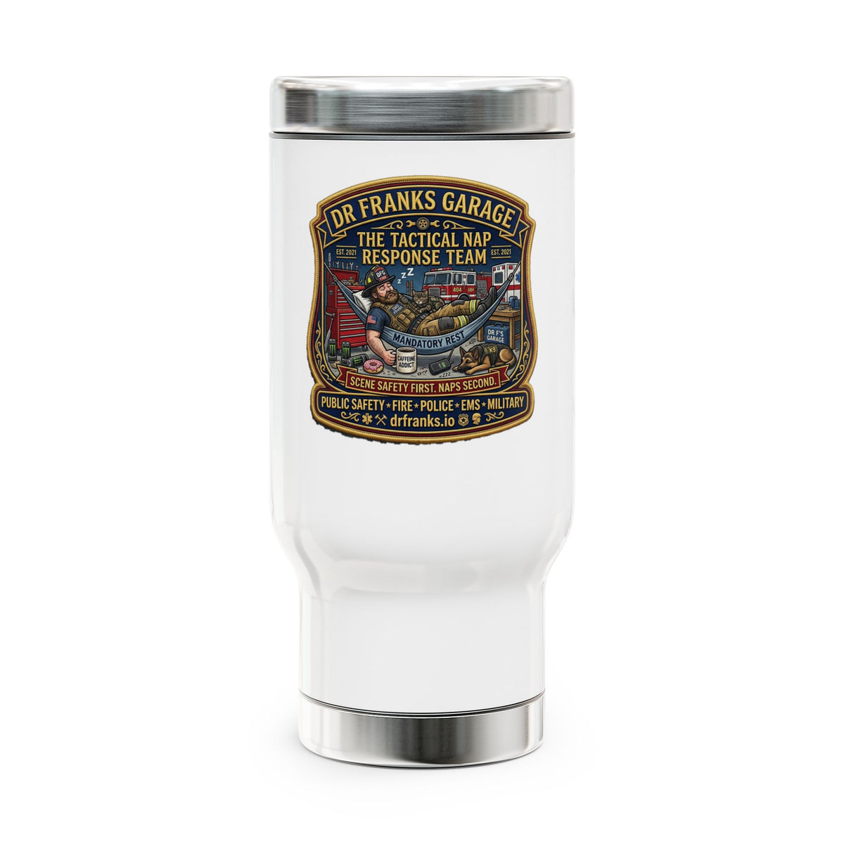 Tactical Nap Response Team 14oz Travel Mug - Dr. Frank's Garage, image 1