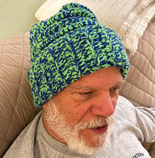 DFG Knit Beanie – Blue & Lime Green knit beanie – front view | Dr. Frank's Garage